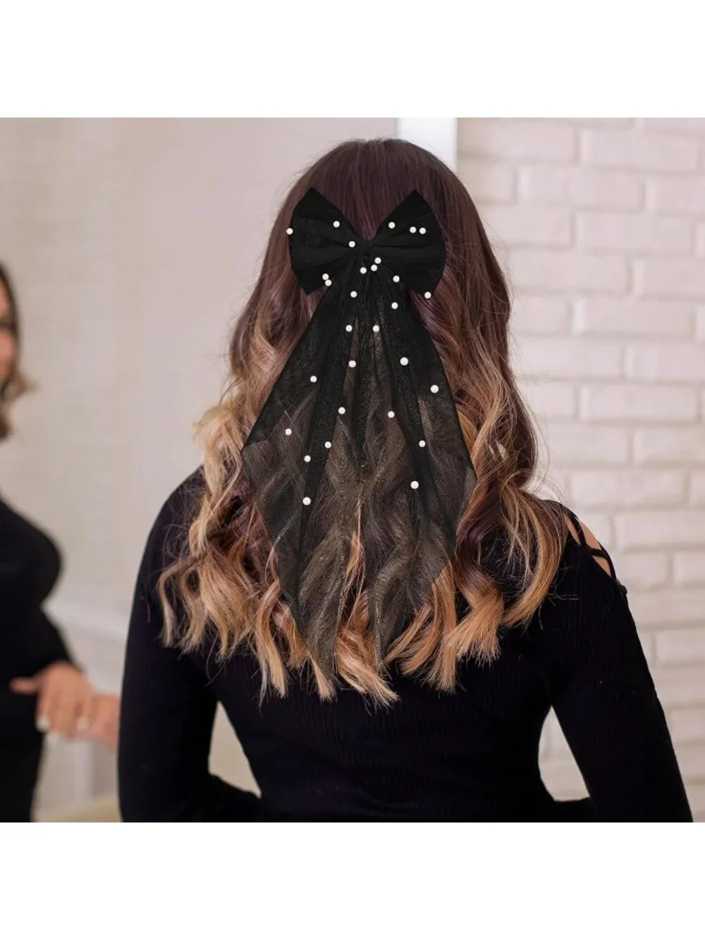 Women's Black Bridal Pearl Bridesmaid Barrette Hair SOLID Fantasy Bow Veil